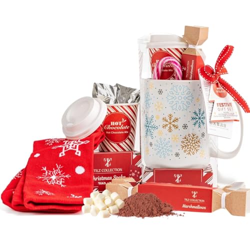 Hot Chocolate Gift Set With Mug - Hot Chocolate Set With Hot Chocolate Sachets - Mini Marshmallows, Candy Canes, Travel Cup - Gifts for Women, Mens Gifts - Vegan Chocolate Gift Set