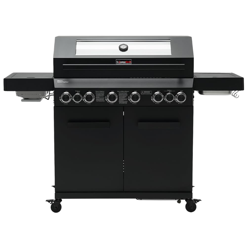 Cosmogrill Black With Cover 8 Burner Platinum Yamara Dark 6+2 Gas Bbq, Viewing Glass, 4 Main Burners, 1 Ceramic Sear Burner, 1 Back Burner, Cast Iron Grills & Bamboo Storage (Black With Cover)