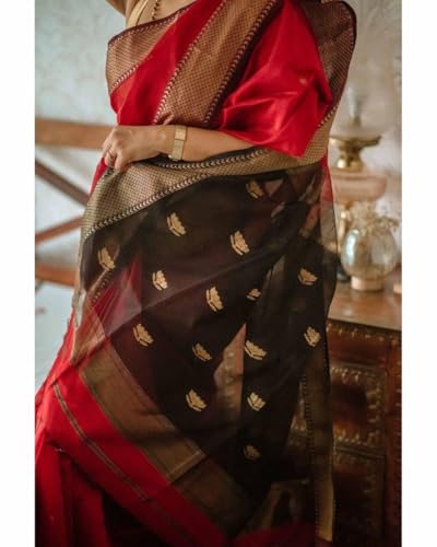 Image of Flosive Women's Cotton Red Silk Saree With Weaving With Blouse
