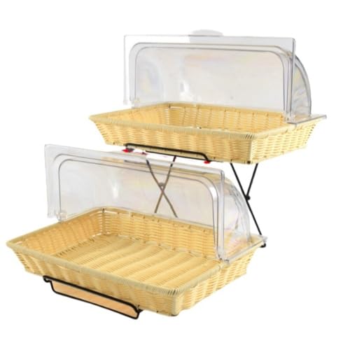 Arfobug 蓋付き二層ブレッドバスケット、ブレッドボックス、フードカバー、デザートケーキディスプレイトレイ、2段、模造籐編みバスケット、トレイ用透明カバー、フリップトップバスケット、パン、ケーキ、お菓子、パン、フルーツの展示と保管、簡単にクリーン、その