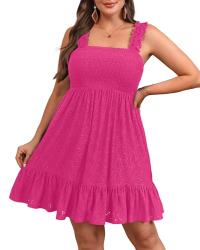 Image of Talisea Women's Plus Size Summer Dresses - Casual Eyelet Square Neck Sleeveless Smocked Ruffle A-Line Cute Short Sundress