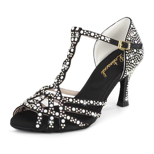 Latinsoul Y205-34 Women's Crystal Embellished Latin Dance High Heel Shoes - Stylish Design Adjustable Ankle Strap Dance Shoes Colour Black,Size 8 B(M) US/39 EU