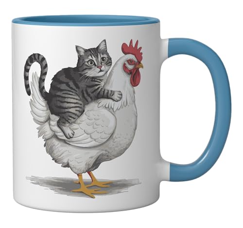 Taza de cerámica con diseño de gato y gallina azul/blanca miniatura 2