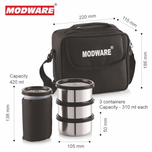 Image of MODWARE Happy Meal Stainless Steel Lunch Box Set with Leakproof Containers, Insulated Carry Bag, and Juice Tumbler - Perfect for Office, School, and Travel (Black)