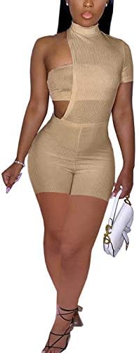 IyMoo Women Sexy 2 Piece Outfits Ribbed Tube Top Skinny Shorts Set Catsuit Bodycon Jumpsuit Romper Clubwear Khaki S
