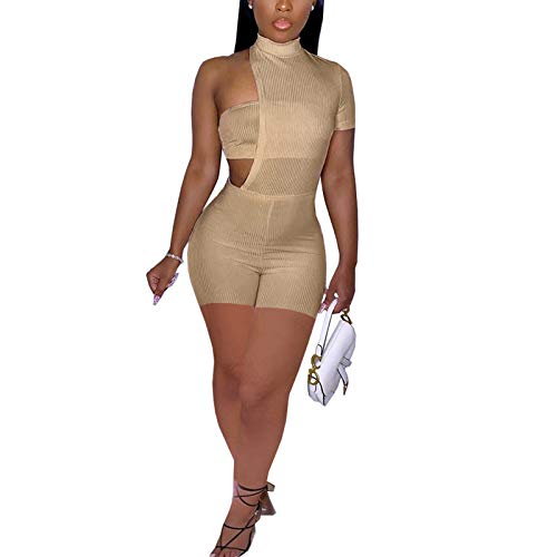 Iymoo Women Sexy 2 Piece Outfits Ribbed Tube Top Skinny Shorts Set Catsuit Bodycon Jumpsuit Romper Clubwear Khaki S #TOP15