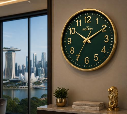 Image of Elica Fashion Round Wall Clock, Green & Gold, Roman Numerals, Decorative Home Decor for Living Room (Gold-FF)