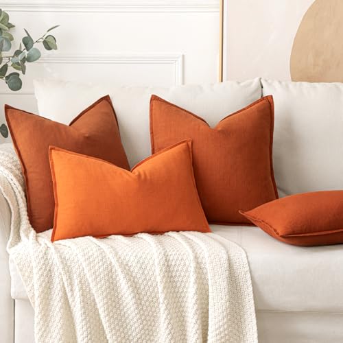 Image of MIULEE Decorative Linen Pillow Covers 18x18 Inch Orange ​Boho Farmhouse​ ​Neutral Couch Throw Pillows for Bed Pack of 2 Accent Modern Pillowcase Summer Sofa Livingroom Home Decor