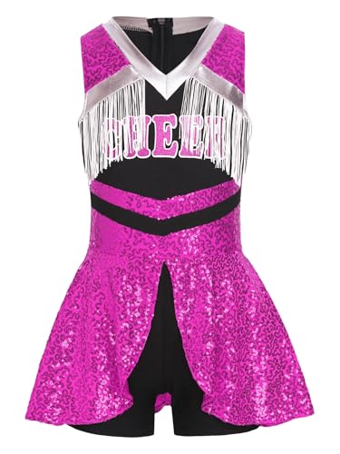 Robe à paillettes franges costume danse pom-pom girl rose vif stretch pour fille de 15-16 ans
