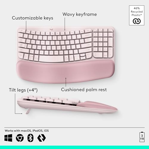 Image of Logitech Wave Keys Wireless Ergonomic Keyboard with Cushioned Palm Rest, Comfortable Natural Typing, Easy-Switch, Bluetooth, Logi Bolt Receiver, for Multi-OS, Windows /Mac - Rose