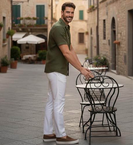 Image of Glowic Men Linen Shirt Casual Regular Fit Solid Stylish Summer Wear Shirt for Office Party Beach Holiday Lightweight Breathable Fashion Shirt