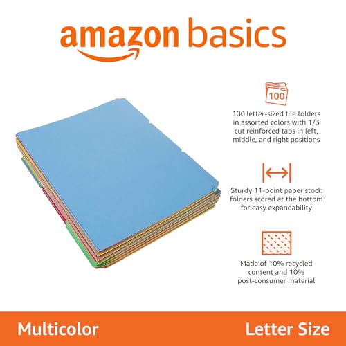 Image of Amazon Basics Sturdy File Folders with Tabs for Filing and Organization, AMZ401, Letter Size, Assorted Colors, 100-Pack
