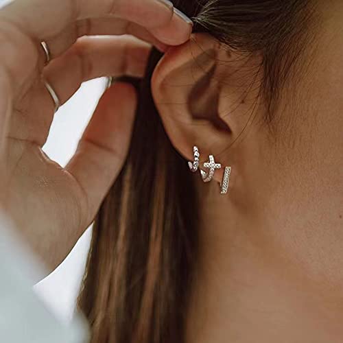 Milacolato 925 Sterling Silver Cross Hoop Earrings 18K White Gold Plated Cross Hoop Earrings With Cubic Zirconia Dainty Small Cross Huggie Earrings For Women Men #TOP5