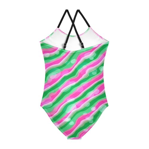 Wavy Pink Green Girls One Piece Swimsuit Beach Swimwear 208620062