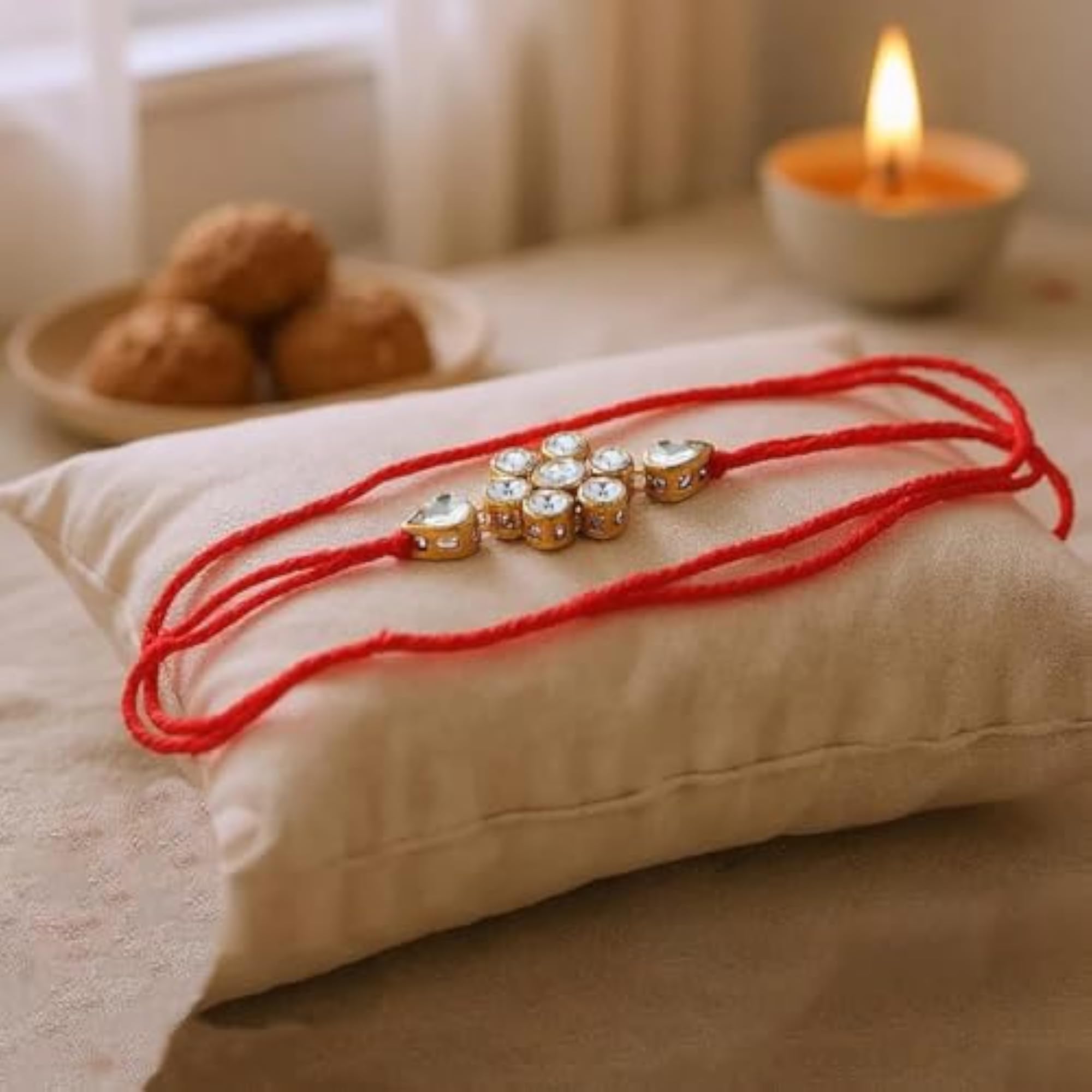 Fancy Traditional Plated Red Thread Stone Rakhi Pack of 4