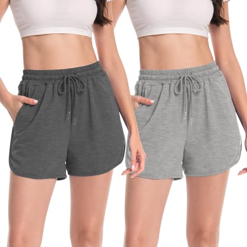 Rolcoassuns Confezione da 2 Pantaloncini Donna Estivi Shorts Pantaloncini Cotone Shorts Sportivi Larghi con Tasche Coulisse Casual Jogging
