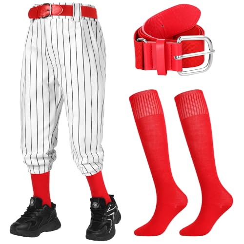Cozypower 3 Pcs Baseball Combo Set, Knicker Softball Pants, Softball Socks, Baseball Belts for Boys and Girls(4-5 Years,Red, Black and White Line)