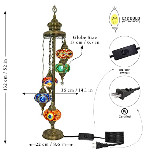 Mozaist 5 Globe Personalizable Turkish Moroccan Floor Lamp, Boho Style Handmade Customizable Vintage Standing Light For Living Room, Kitchen Island, Stained Glass Mosaic Decorative Lighting (Custom) #TOP5