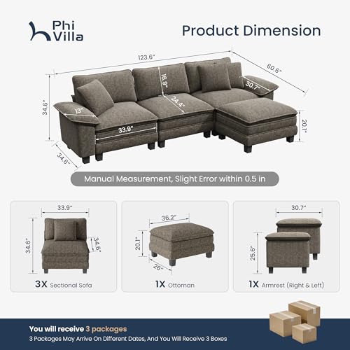 Image of PHI VILLA Cloud Modular Couch Sets, 123.6 inch Sectional Sofa with L-Shaped Chaise, 4-Seater Upholstered Couches with Movable Ottoman for Living Room, Chenille Fabric, Smoky Grey