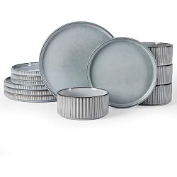 Famiware Star Stoneware Dinnerware Set, Reactive Glaze Plates & Bowls for 4 | 12-Piece Handmade Ribbed Dishes, Chip & Scratch Resistant Ceramic. Microwave & Dishwasher Safe, Rustic Modern, Smoky Blue
