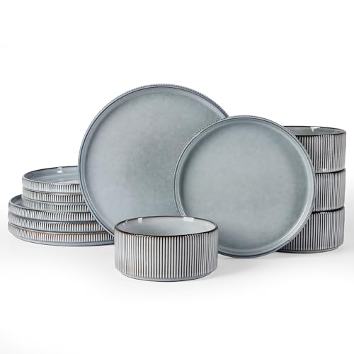 famiware Star Dinnerware Sets, Plates and Bowls Set for 4, 12 Pieces Ribbed Dishes - Chip and Scratch Resistant, Microwave and Dishwasher Safe Tableware, Smoky Blue