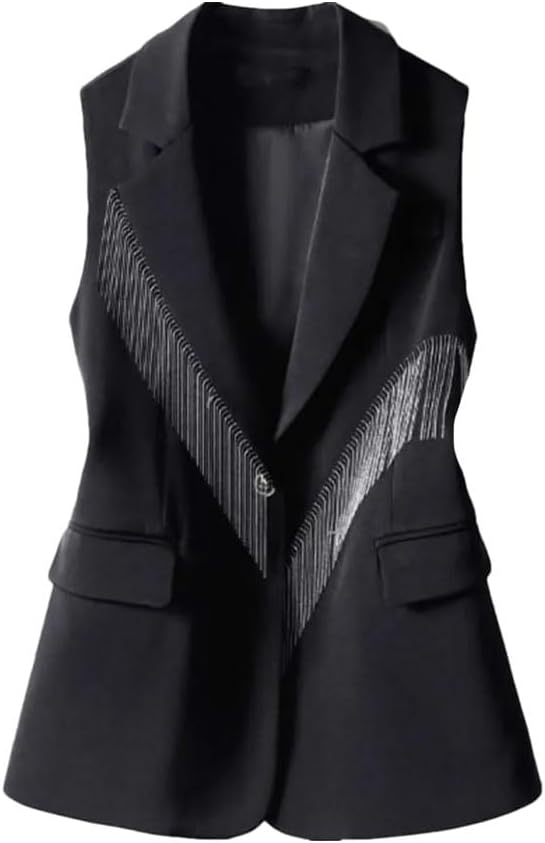 [keusyoi] レディース イレギュラー ブレザーベスト シングルボタン ノッチド ノースリーブ オフィスウェア カジュアルジャ