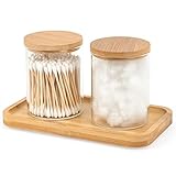 Bamboo Vanity Tray, Bathroom Tray Organizer Glass Qtip Holder Dispenser Apothecary Jars for Cotton S