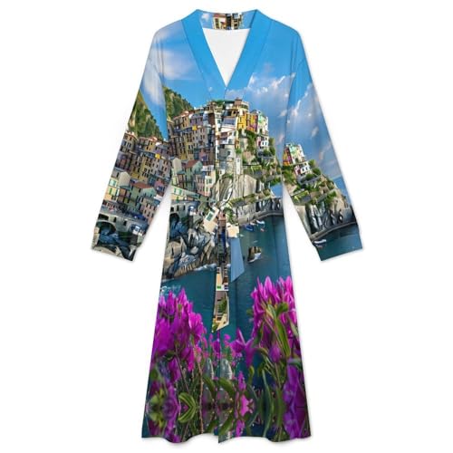 Italy Manarola's Coastline Soft Robe Long Sleeve Bathrobes V Neck Sleepwear Spa Robes with Belt Men Woman3