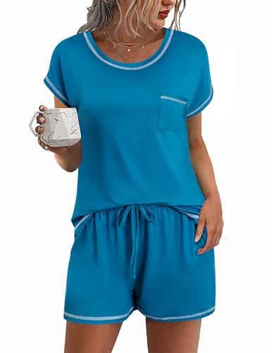 Image of Ekouaer Womens Pajama Sets 2 Piece Soft Short Sleeve Top and Shorts Sleepwear Round Neck Pjs Lounge Set with Pockets