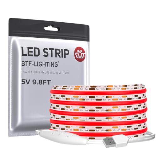 Image of BTF-LIGHTING 5V USB Red Color COB LED Strip Lights Super Bright Dimmable LED Tape Light,9.8FT 320LEDs Flexible Light Strip with Strong 3M Tape for 3D Printer,TV Backlight,Cabinet,Home Lighting