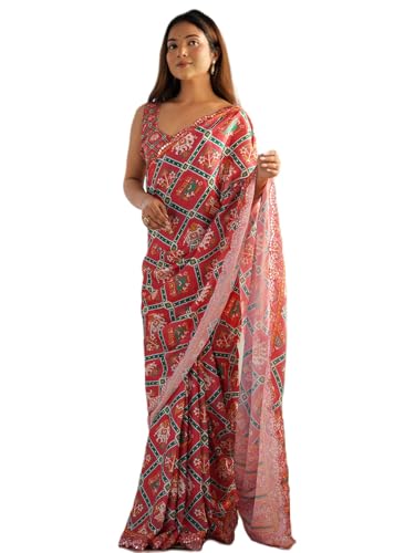 Panzora Women's Red Chinon Printed Saree With Unstitched Blouse Piece