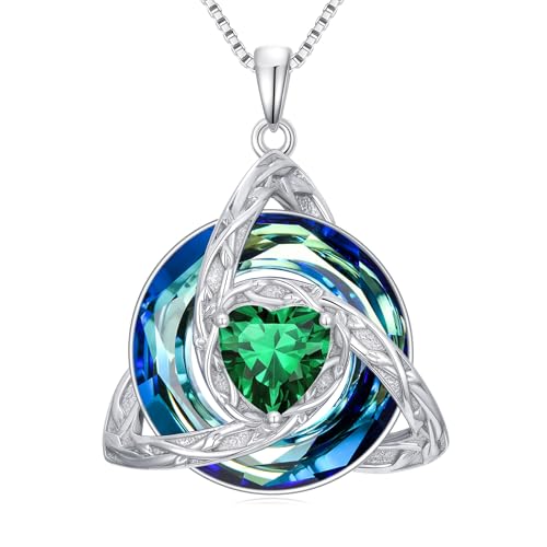 TOUPOP Celtic Birthstone Necklace for Women 925 Sterling Silver Trinity Knot Triquetra Austria Crystal Pendant Heart Birthstone Jewelry Birthday Anniversary Irish Scottish Gifts for Her Girlfriend