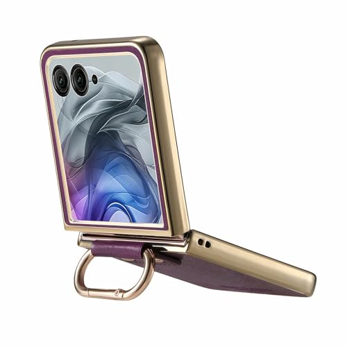 Image of for Motorola Razr 50 Ultra 5G Case Electroplating Leather Coated PC Phone Cover with Spring Ring Buckle Kickstand - Purple