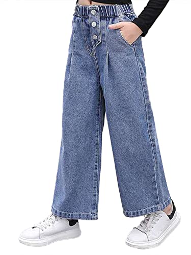 IEFIEL Denim Pantalon Enfant Fille Jeans Large Jambe Casual Baggy Pantalon Trousers Automne Hiver Mode Jeans avec Poches Élastique Bleu A 10-12 Ans