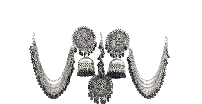 KARIM HANDICRAFTS - Latest Fashion Bahubali Style Oxidised German Silver/Black color Traditional Maang Tikka Jhumka Earrings Jewellery Set for Women/Girls, (B0CQKL616Z) Amazon Price History, Amazon Price Tracker