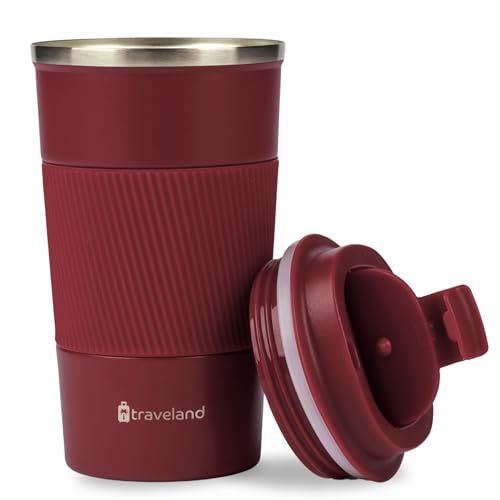TRAVELAND Coffee Mug Travel in Stainless Steel - 510ml - Leak & BPA Free Lid - Perfect Thermal Mug for Ice Coffee Hot Brews Fresh Juices Anywhere - Burgundy