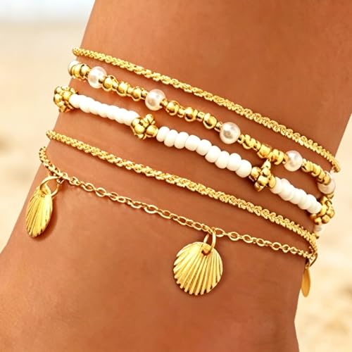 Image of Nanafast 5 Pcs Layered Ankle Bracelets for Women Summer Beach Anklet Bracelets Set Adjustable Boho Beaded Anklets for Summer Outfits