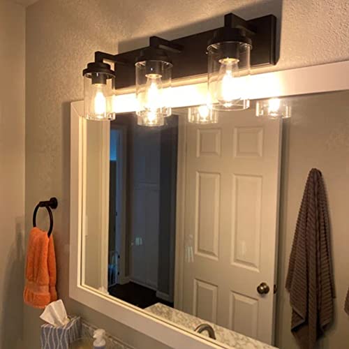 Image of MELUCEE Vintage Bathroom Lighting Fixtures Over Mirror, 3-Light Modern Vanity Lights Black Finish Industrial Wall Sconce with Clear Glass Shade