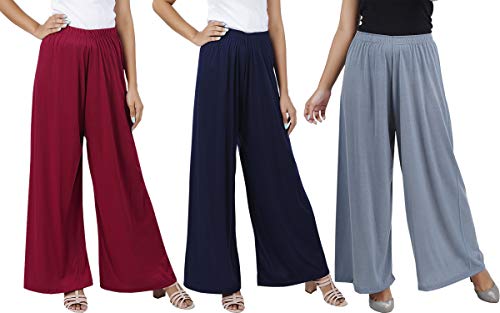 Image of Buy That Trendz M to 4XL Cotton Viscose Loose Fit Flared Wide Leg Palazzo Pants for Women Maroon Navy Grey Combo Pack of 3 XXXX-Large