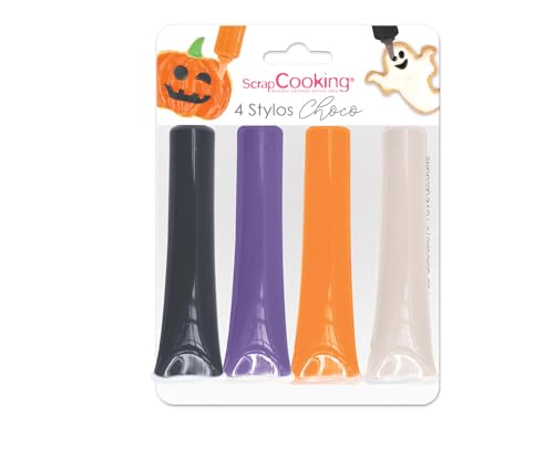 SCRAP COOKING 4 Stylos Choco Halloween - Noir, Orange, Violet, & Blanc pour Écrire & Dessiner sur Desserts, Gâteaux, Biscuits - 7064