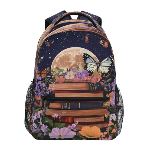 Bookworm Flower Butterfly Backpack for School Boys Girls Adults Kids Bookbag Laptop Bag 15L