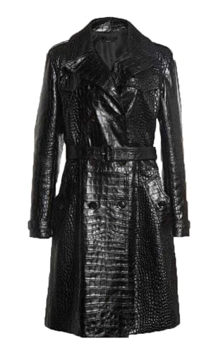 Crocodile Print Faux Leather Trench Coat For Women Belt Double Breasted Long Elegant Overcoat Alligator