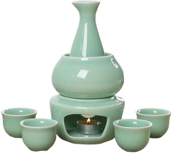 Sake Set, Japanese Traditional Ceramic Sake Serving Sets 7 Pieces,1 Stove 1 Warming Bowl 1 Sake Bottle 4 Cup for Family Restaurant Sushi Place (B)