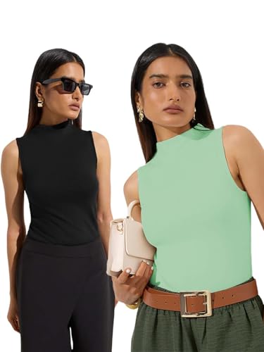Image of KOTTY Women's Sleeveless High Neck Ribbed Tank Top Combo Pack of 2 Stylish Casual & Office Wear Tops