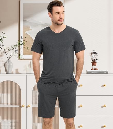 Image of NACHILA Men's Pajamas-Viscose Made from Bamboo, Short Sleeve Top with Shorts Pjs Set V Neck Sleepwear Cool Loungewear