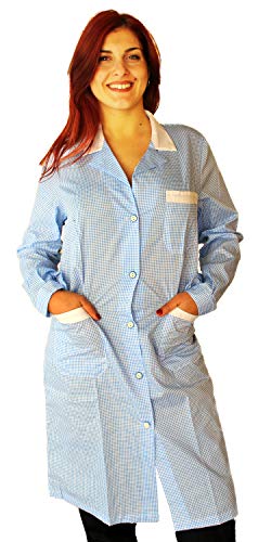 Petersabitidalavoro - Bata de trabajo para mujer, a cuadros, de algodón, de manga larga, para maestra de guardería, alimentos, banquero (L, cuadro azul), Cuadro azul claro