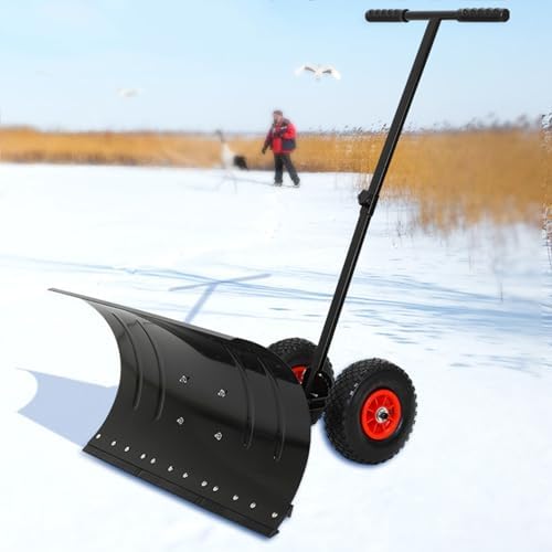 ポータブル スノーシャベル 車道用 頑丈な金属製 スノープラウシャベル 車輪付き 角度と高さ調節可能なハンドル付き スノープッシャー