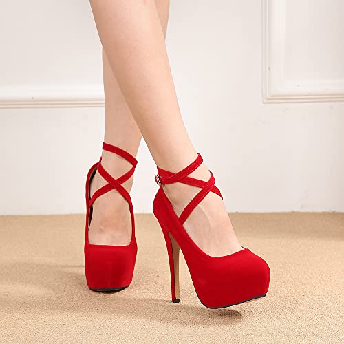 Image of OCHENTA Women's Ankle Strap Platform Pumps, High Heel Dress Shoes, Cross Strap Stiletto Heels for Party, Prom, Wedding, Evening 5.5Inch