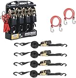 Torin ATRTD1009B-1 15-Foot Ratchet Tie Down Straps with 1500 lbs Break Strength, Safety Lock S-Hooks, and 4 Soft Loops for Moving Cargo, Appliances, Lawn Equipment, or Motorcycles - Black, Pack of 4
