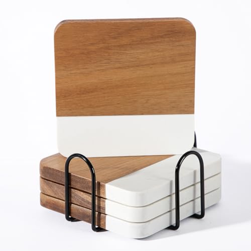 LiWiBet Acacia Wood Marble Coasters for Drinks with Holder Set of 4, Square Non-Slip Wooden Stone Coaster Coffee Table Accessories Manly Coaster for Men Coffee Table, Bar, Office - Rustic Modern Style